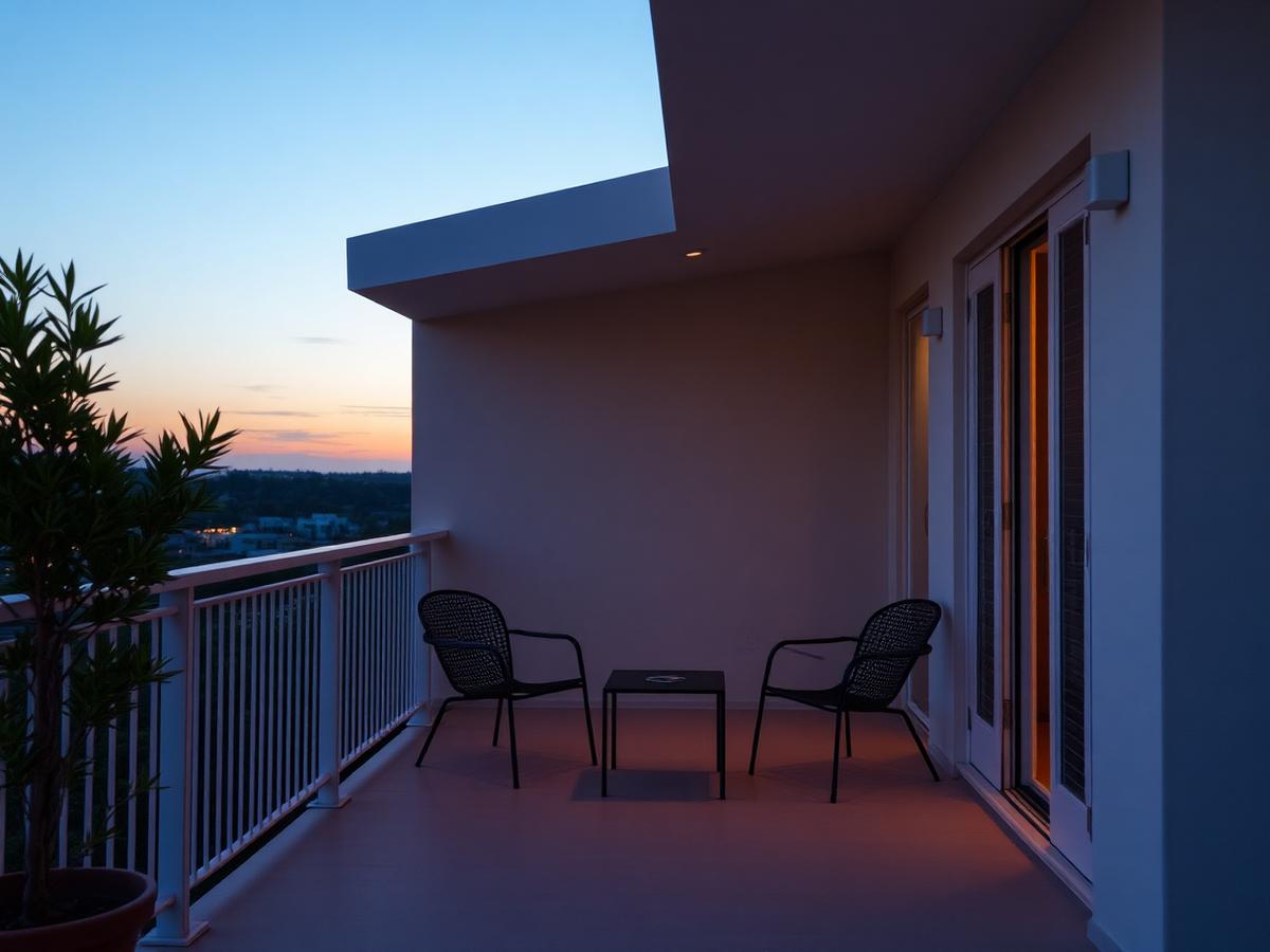 An open balcony at dusk with two chairs.