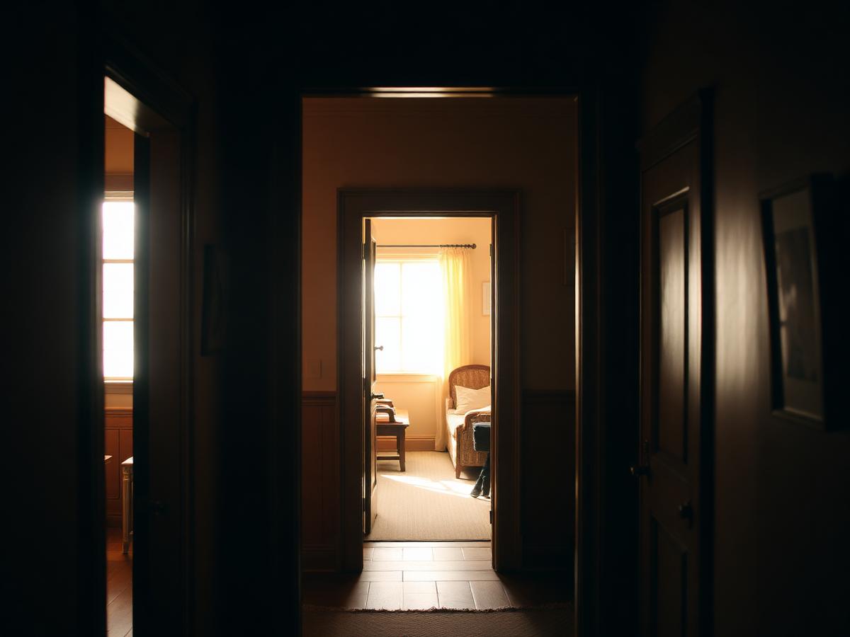 A doorway between two warmly lit rooms.
