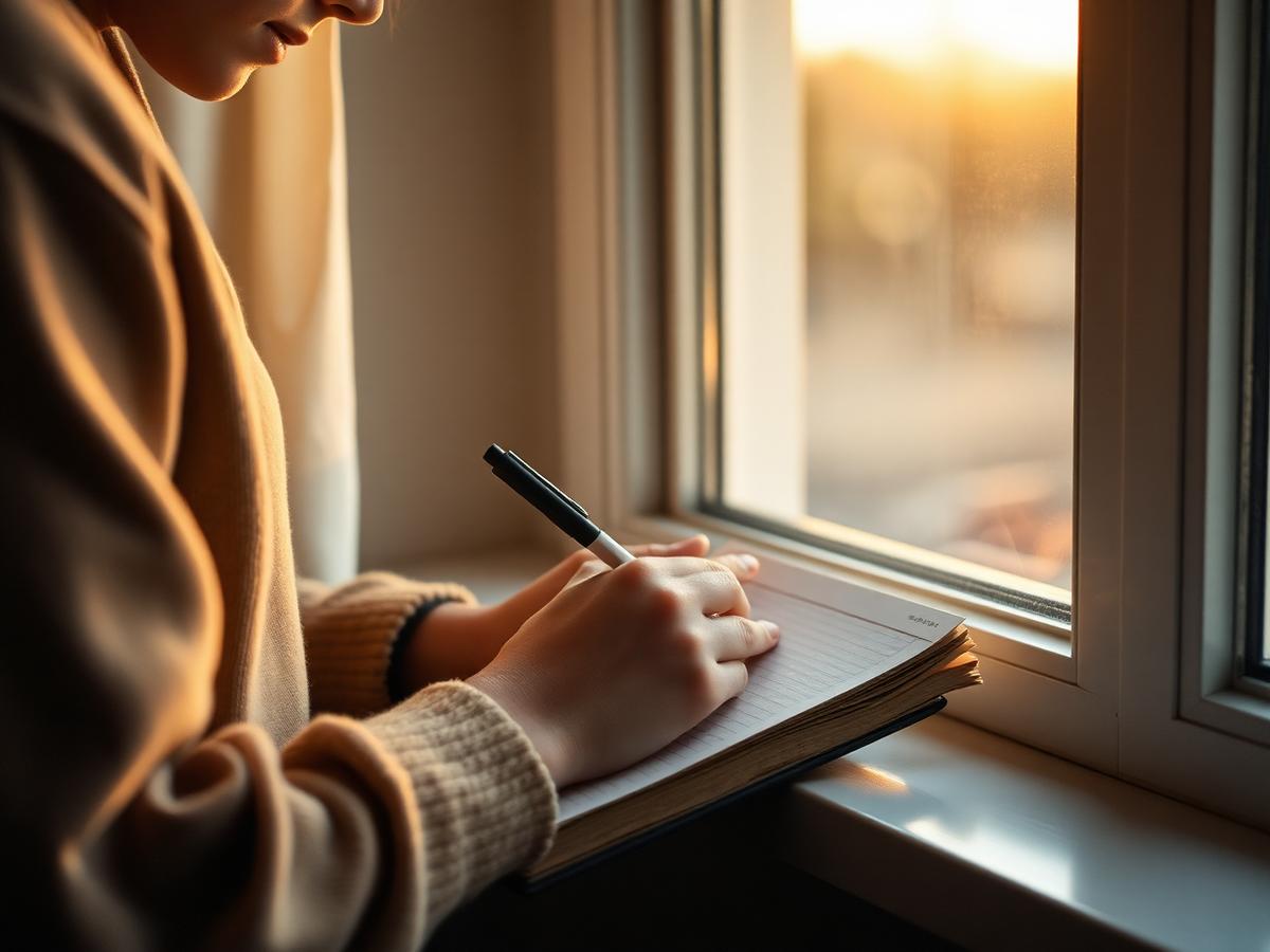 A young person writing in a journal by a window.